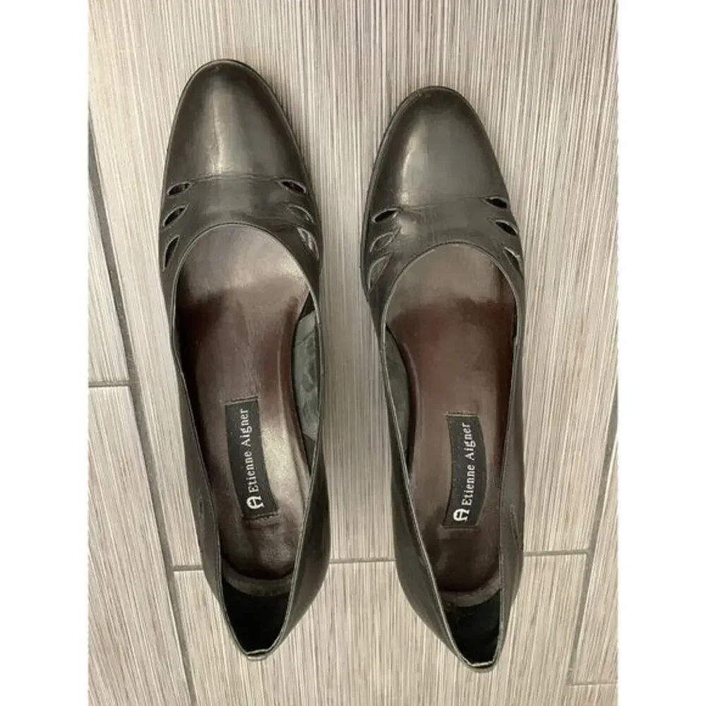 Etienne Aigner Ville Vintage Black Leather Pumps Cutout Design Block Heel 10M - Picture 1 of 16